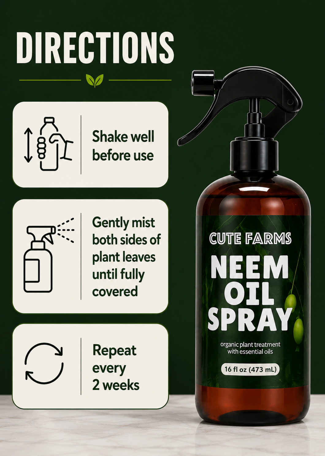 A bottle of Cute Farms Neem Oil Spray shown next to three instructional panels with icons and text reading 'DIRECTIONS,' 'Shake well before use,' 'Gently mist both sides of plant leaves until fully covered,' and 'Repeat every 2 weeks.' The bottle is amber-brown with a black spray top and a dark green label with white text.