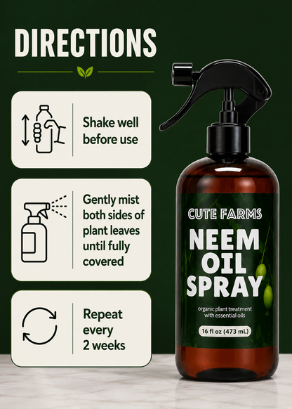 A bottle of Cute Farms Neem Oil Spray shown next to three instructional panels with icons and text reading 'DIRECTIONS,' 'Shake well before use,' 'Gently mist both sides of plant leaves until fully covered,' and 'Repeat every 2 weeks.' The bottle is amber-brown with a black spray top and a dark green label with white text.