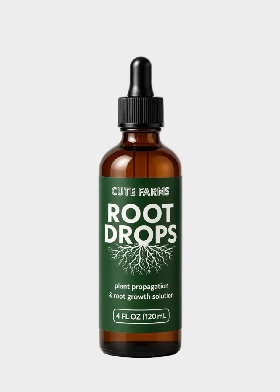 A 4 fl oz amber glass dropper bottle of Cute Farms Root Drops plant propagation and root growth solution, featuring a dark green label with white text and a black dropper cap, set against a light gray background.