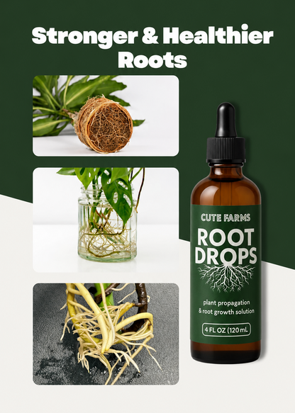 A bottle of Cute Farms Root Drops plant growth solution shown next to three inset photos of roots and green plants, with the headline 'Stronger & Healthier Roots' on a dark green and white background.