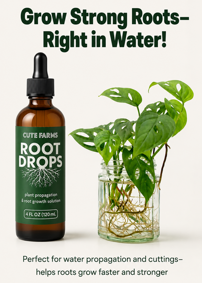 An amber glass dropper bottle labeled Cute Farms Root Drops stands next to a green houseplant in a clear glass jar with visible roots, on a light beige background with promotional text.
