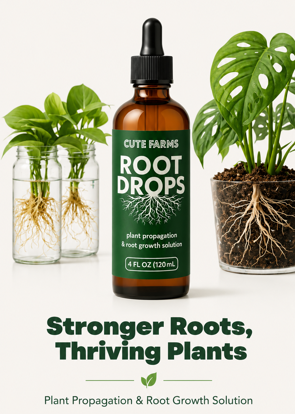 An amber glass dropper bottle labeled 'CUTE FARMS ROOT DROPS' stands centered between two potted green plants with visible roots on a white background. Large text below reads 'Stronger Roots, Thriving Plants' with smaller product text underneath.