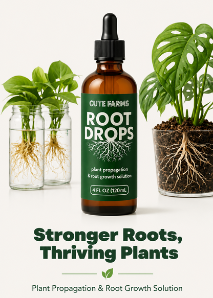 An amber glass dropper bottle labeled 'CUTE FARMS ROOT DROPS' stands centered between two potted green plants with visible roots on a white background. Large text below reads 'Stronger Roots, Thriving Plants' with smaller product text underneath.
