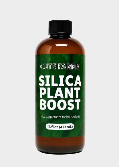 A 16 fl oz amber plastic bottle of Cute Farms Silica Plant Boost with a black cap and a green label, shown on a plain white background.