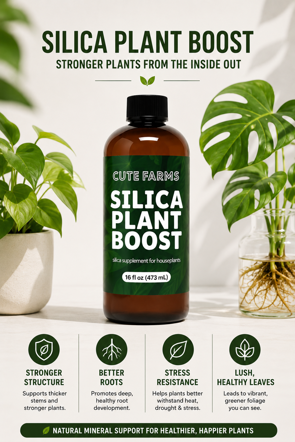 A bottle of Cute Farms Silica Plant Boost supplement centered in a styled product graphic with green houseplants, a glass terrarium, and text callouts about plant benefits on a white background.