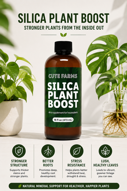 A bottle of Cute Farms Silica Plant Boost supplement centered in a styled product graphic with green houseplants, a glass terrarium, and text callouts about plant benefits on a white background.