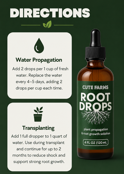A dark green informational graphic with the heading 'DIRECTIONS' and two white text boxes explaining how to use the drops for water propagation and transplanting, alongside a bottle of Cute Farms Root Drops on the right.