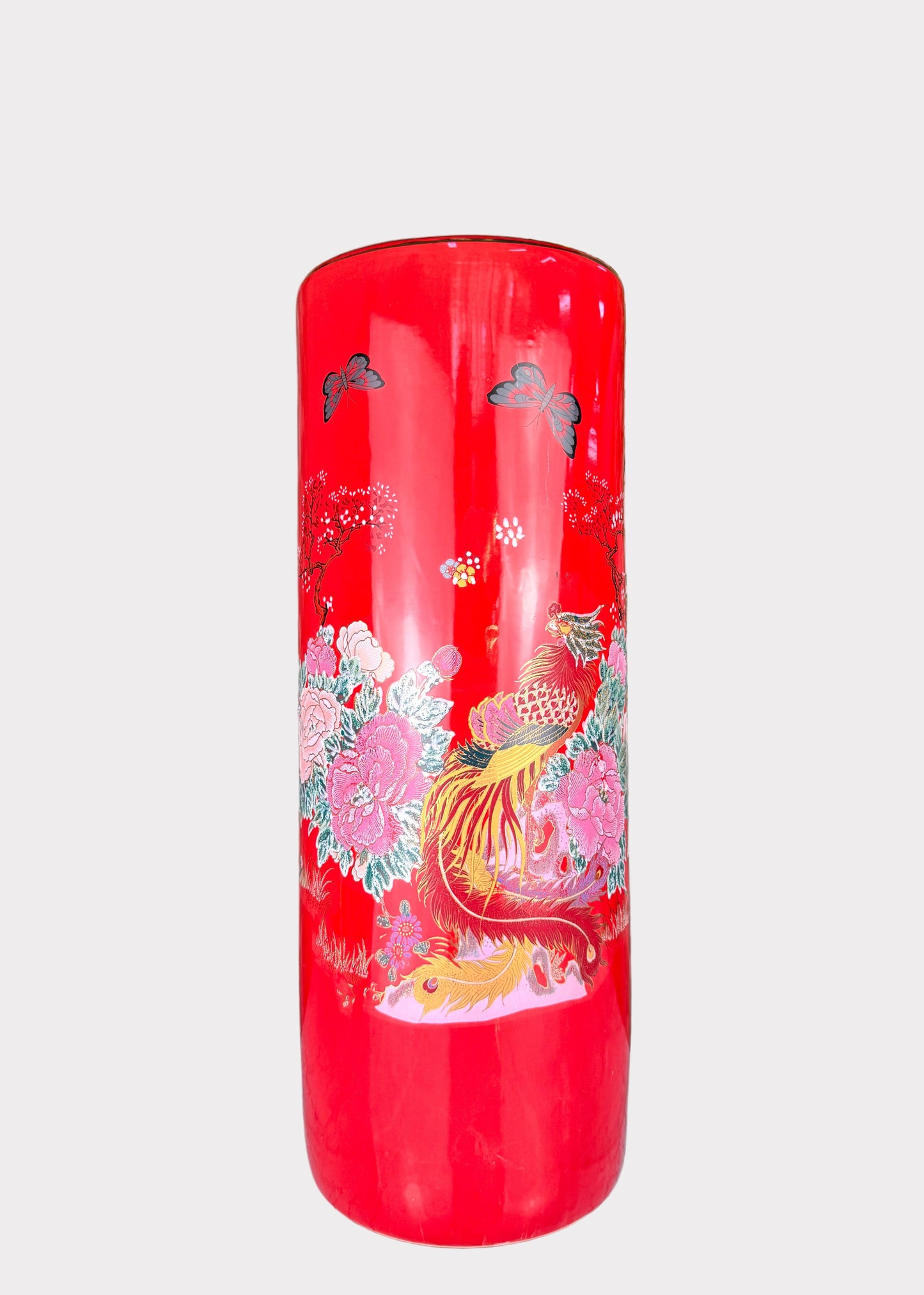 Porcelain Cylinder Vase – Hand Painted Cherry Blossom and Peony – Tall Ceramic Décor