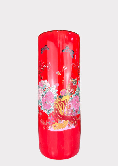 Porcelain Cylinder Vase – Hand Painted Cherry Blossom and Peony – Tall Ceramic Décor