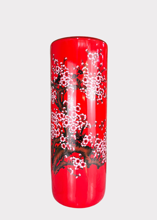 Porcelain Cylinder Vase – Hand Painted Cherry Blossom and Peony – Tall Ceramic Décor
