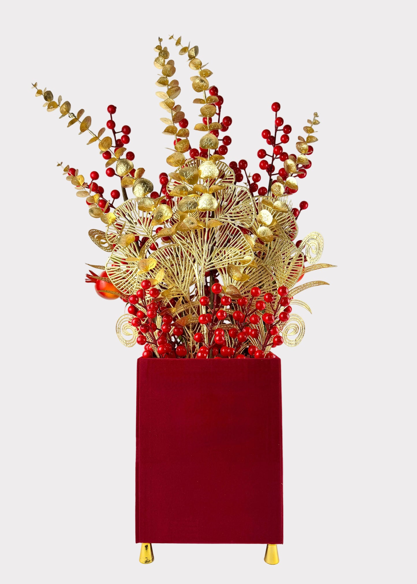 Lunar New Year Velvet Fortune Box Tabletop Decor – Lucky Cat, Berries, and Gold Foliage