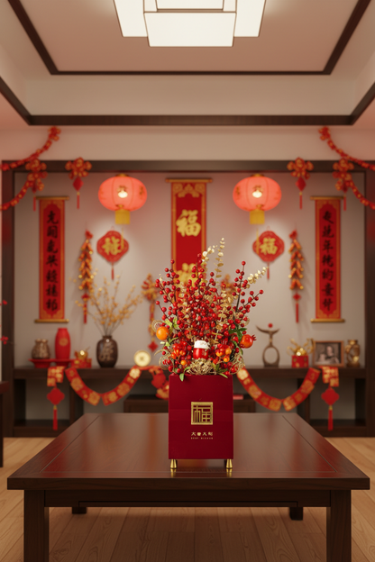 Lunar New Year Velvet Fortune Box Tabletop Decor – Lucky Cat, Berries, and Gold Foliage