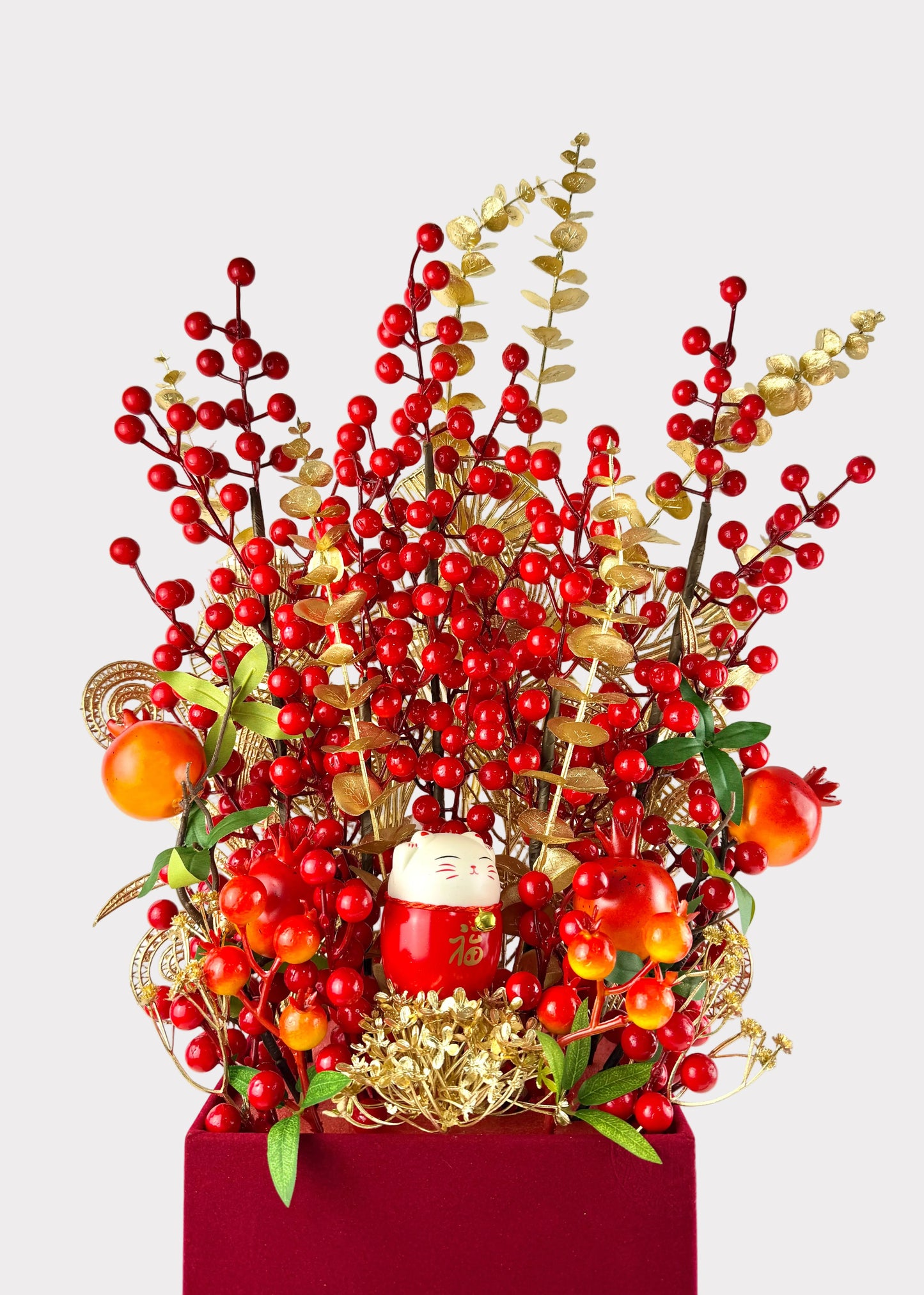 Lunar New Year Velvet Fortune Box Tabletop Decor – Lucky Cat, Berries, and Gold Foliage