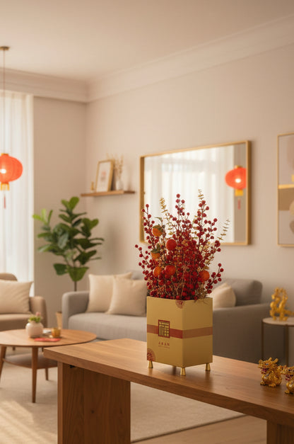 Lunar New Year Berry and Pomegranate Tabletop Decor – Gold Foliage Fortune Display