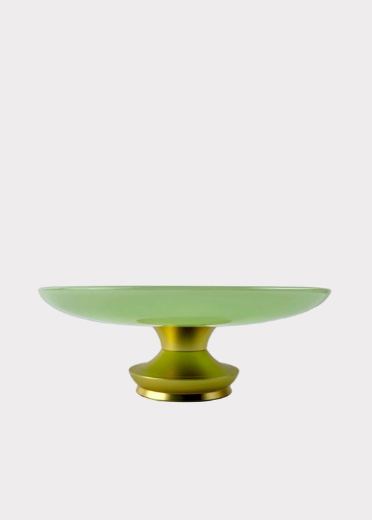 Jade Green Celadon Offering Plate with Gold-Tone Metal Base