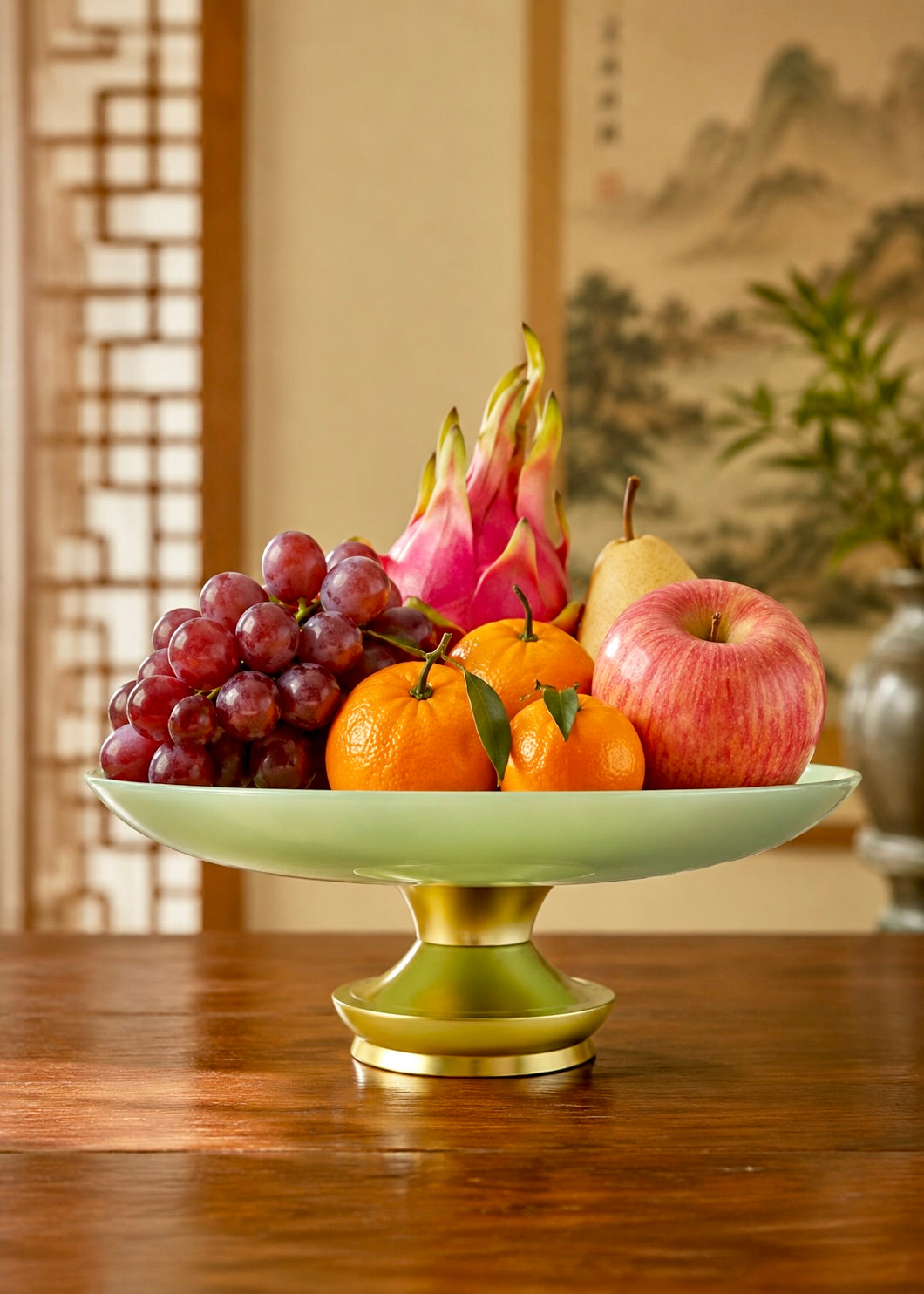 Jade Green Celadon Offering Plate with Gold-Tone Metal Base