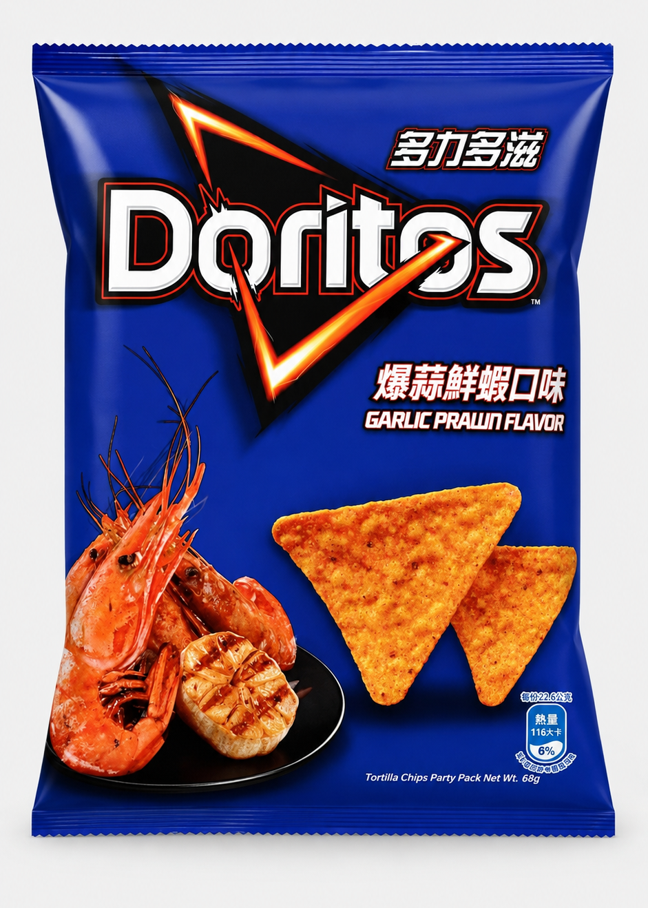 A bag of Doritos Garlic Prawn Flavor tortilla chips on a light gray background. The packaging is dark blue with the Doritos logo in white and orange, showing illustrations of prawns and chips.