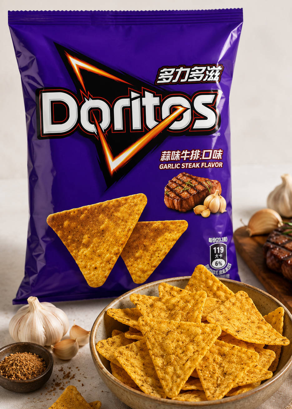 A bag of Doritos Garlic Steak Flavor tortilla chips stands behind a bowl filled with triangular chips, with garlic bulbs, seasoning, and grilled steak props on a light neutral surface.