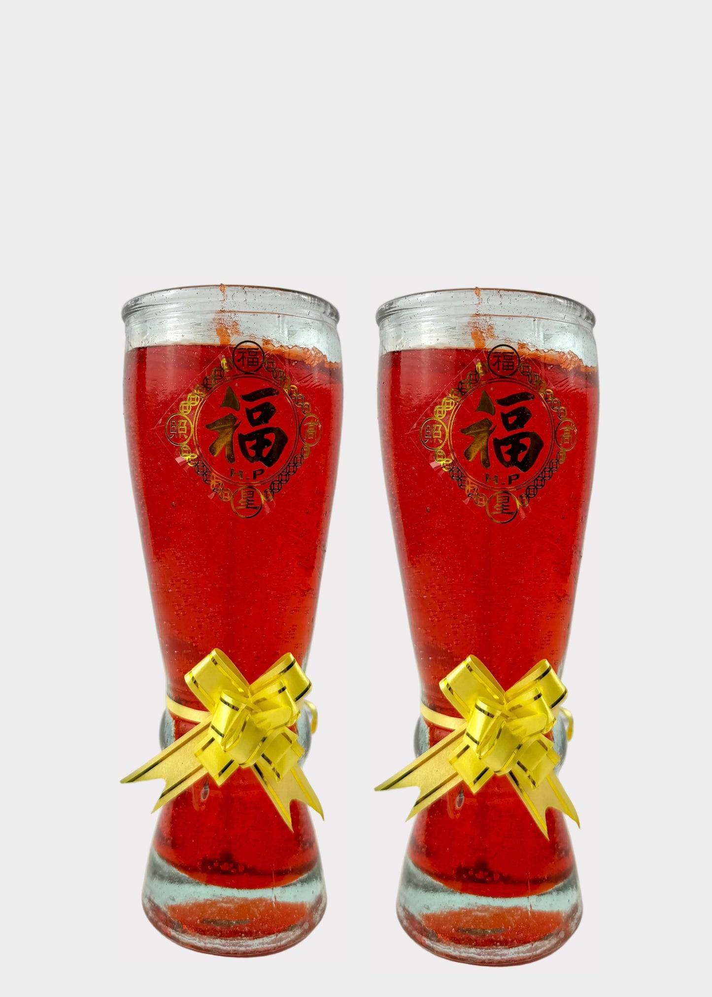 Tall Red Glass Gel Altar Candles with Lucky Fortune Symbol