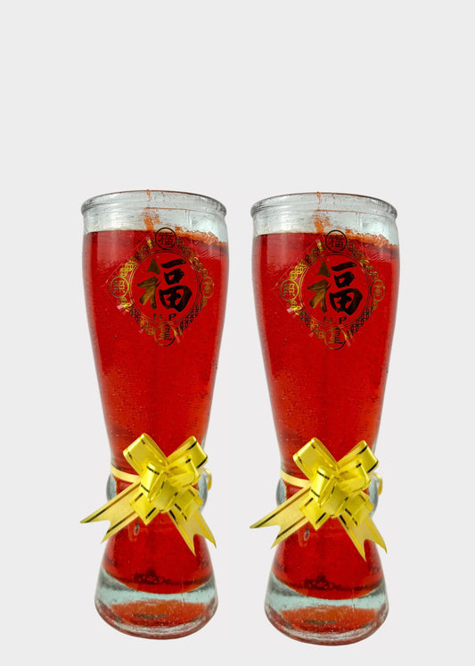 Tall Red Glass Gel Altar Candles with Lucky Fortune Symbol