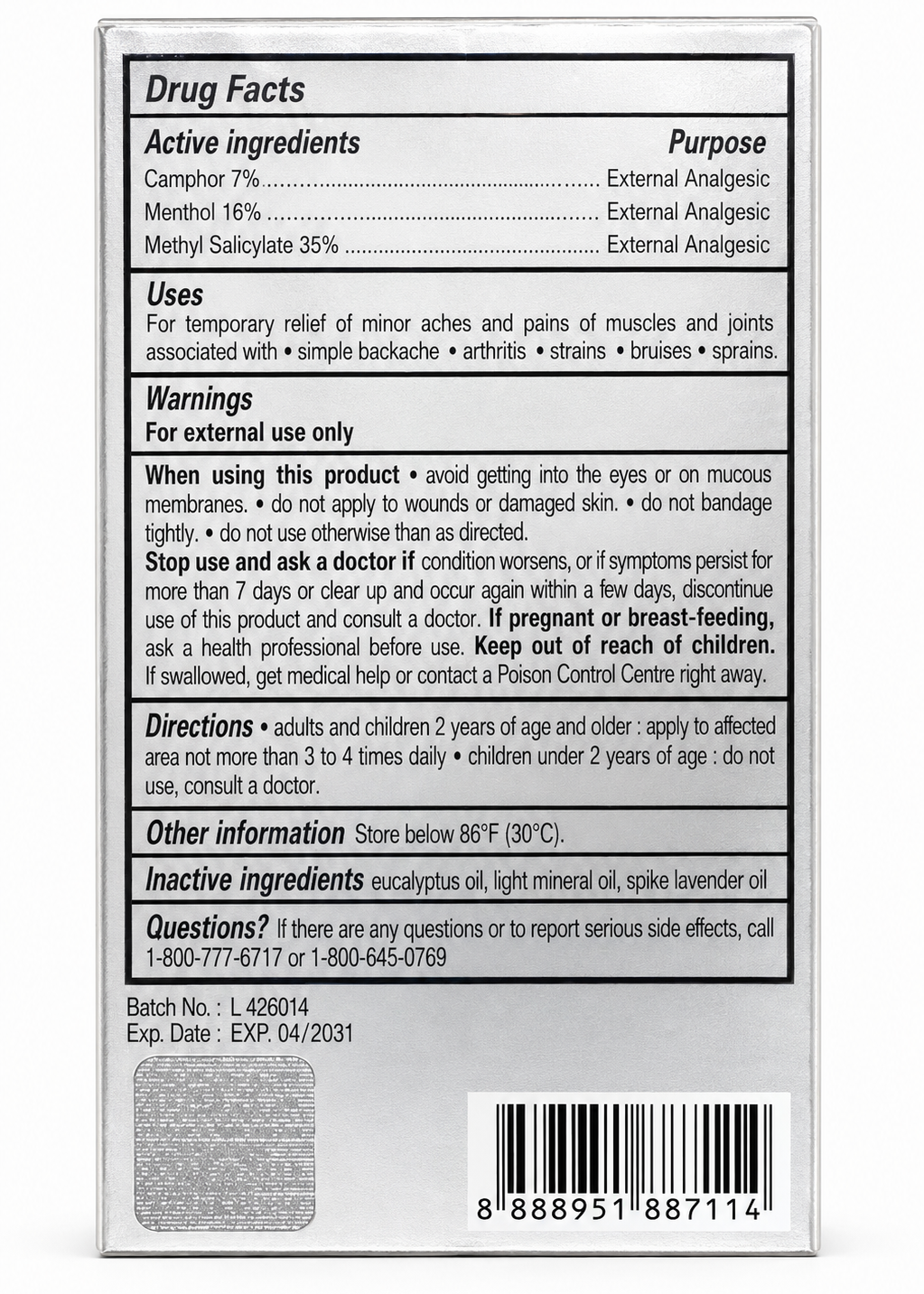 Drug facts label for a topical product with active and inactive ingredients, uses, warnings, and directions.