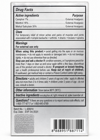 Drug facts label for a topical product with active and inactive ingredients, uses, warnings, and directions.