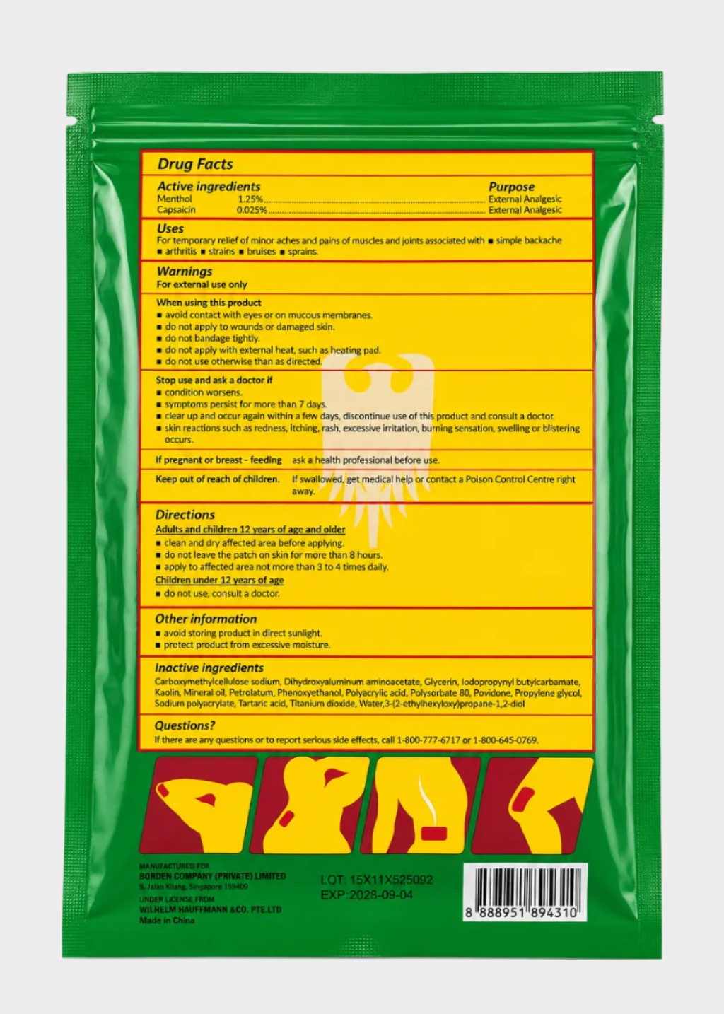 Back of a green and yellow medication package with text and branding.