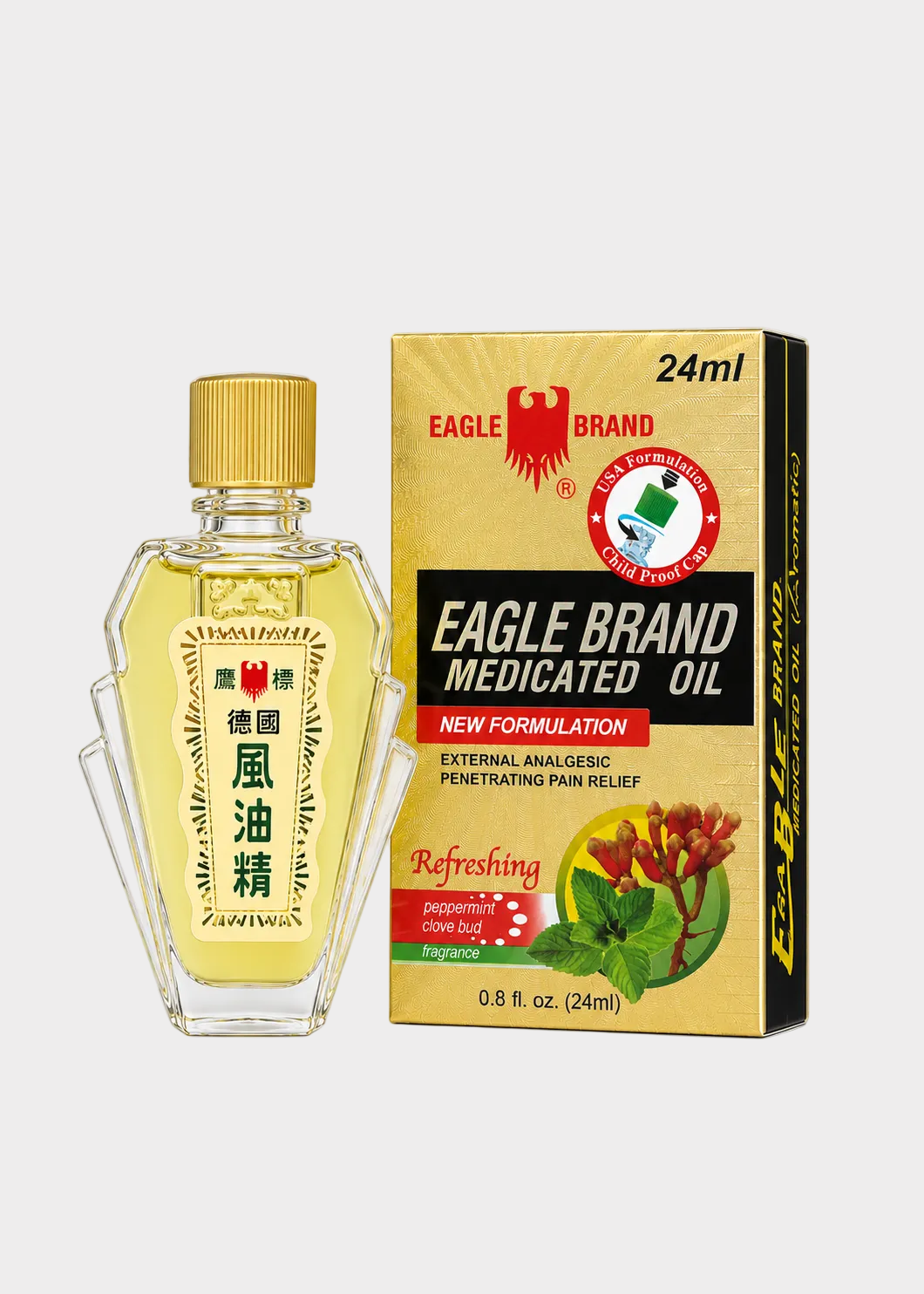 Eagle Brand medicated oil bottle and packaging on a white background