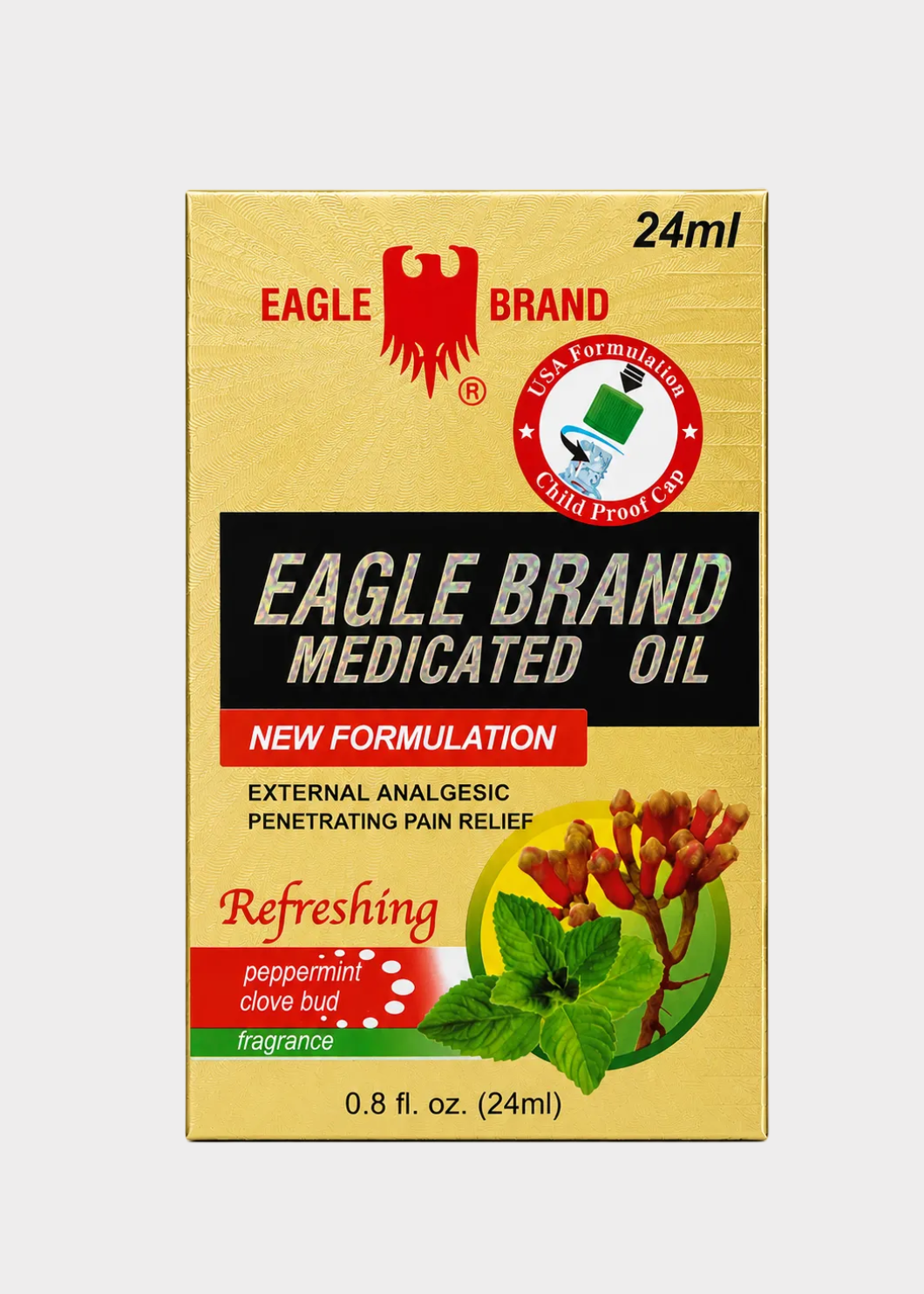 Eagle Brand Medicated Oil packaging on a light gray background