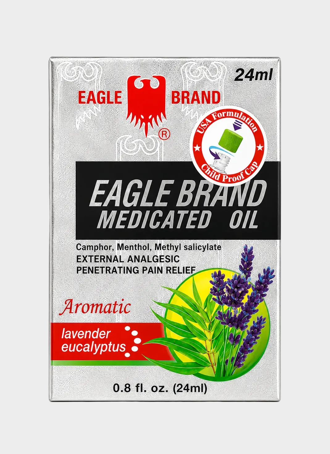 Eagle Brand medicated oil packaging with lavender and eucalyptus imagery on a white background