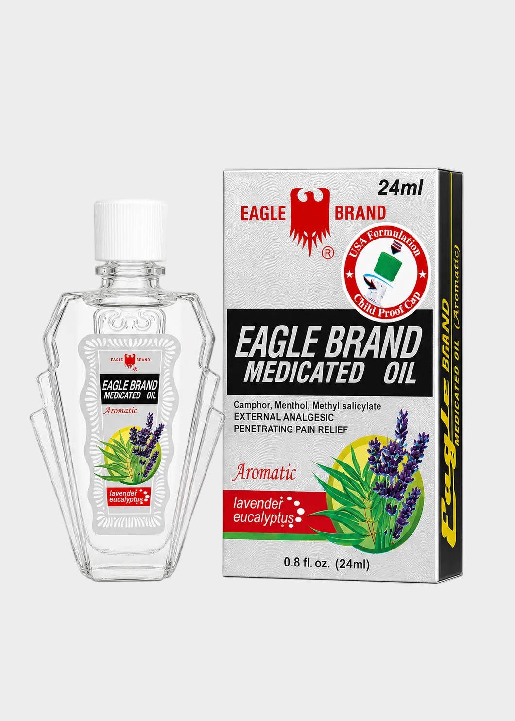 Eagle Brand medicated oil bottle and packaging on a white background