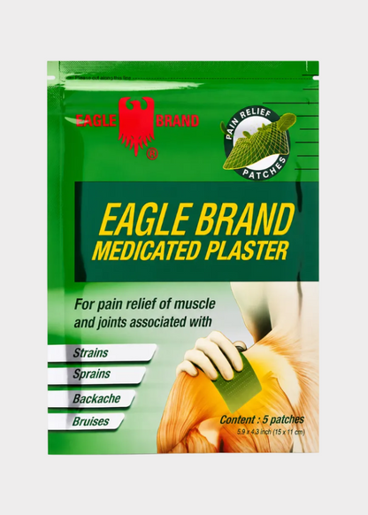 Eagle Brand medicated plaster packaging with a person applying a patch to their shoulder.