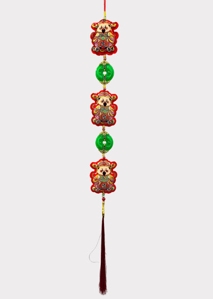 Wealth God Cai Shen Hanging Decor – 3 Plush Felt Figures with Jade Pendants