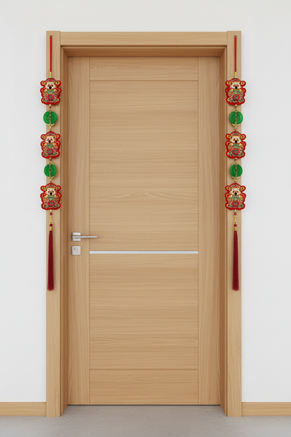 Wealth God Cai Shen Hanging Decor – 3 Plush Felt Figures with Jade Pendants