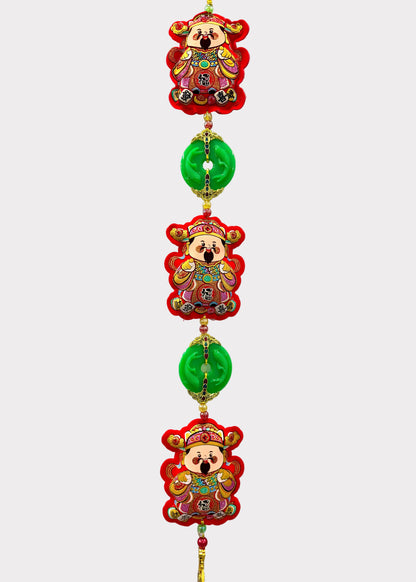 Wealth God Cai Shen Hanging Decor – 3 Plush Felt Figures with Jade Pendants
