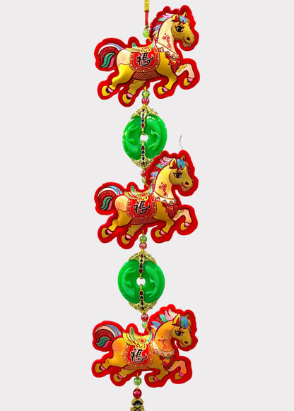 Lucky Horse Hanging Decor – 3 Felt Horse Figures with Jade Pendants
