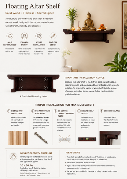 Solid Wood Floating Altar Shelf - Wall Mounted Buddhist Shrine