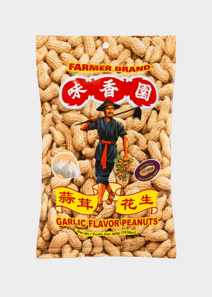 A bag of Farmer Brand Garlic Flavor Peanuts, featuring a graphic of peanuts filling the background, a traditional farmer illustration, and red and yellow text.