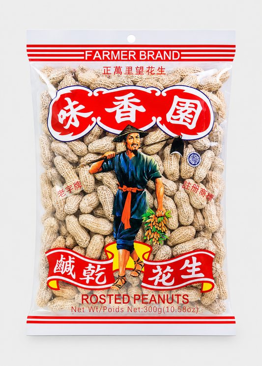 A 300g bag of Farmer Brand Rosted Peanuts, featuring a clear plastic bag filled with roasted peanuts, decorated with a red and white label containing Chinese characters and an illustration of a farmer holding a sack of peanuts.