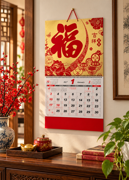 2027 Chinese Lunar New Year Wall Calendar - Red & Gold Fortune and Prosperity Design