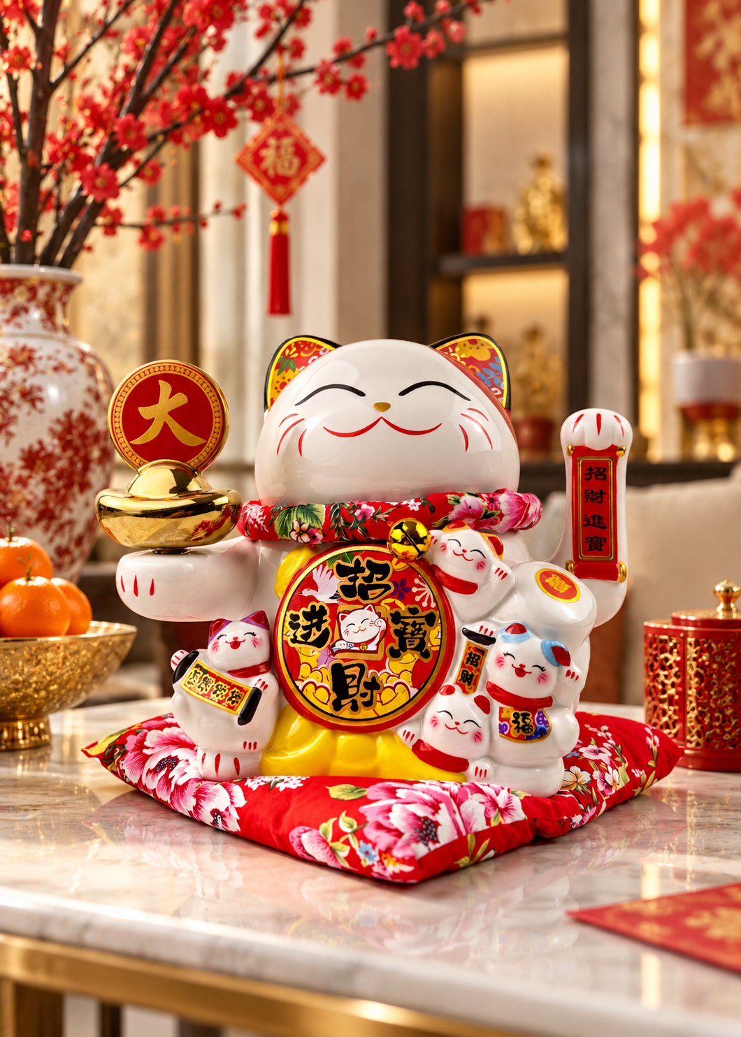 Ceramic Lucky Money Cat with Waving Arm & Spinning Gold Ingot - USB/Battery Powered