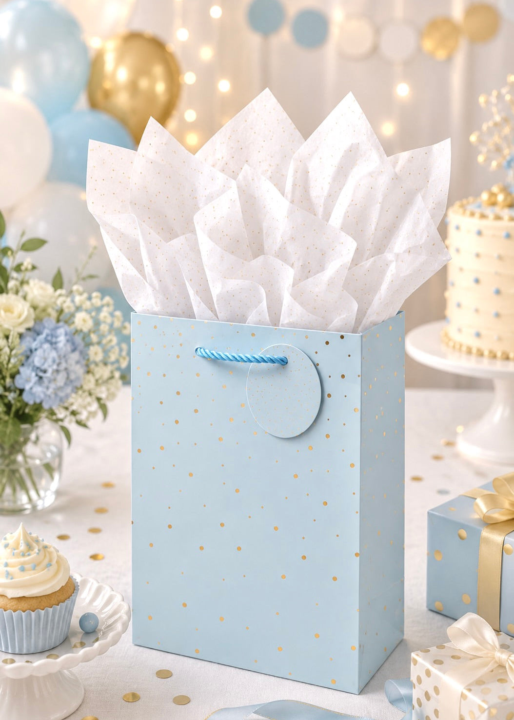 Blue gift bag with white tissue paper on a festive table with balloons and cake.