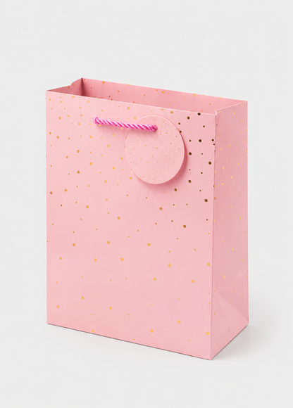 Pink gift bag with gold polka dots on a white background
