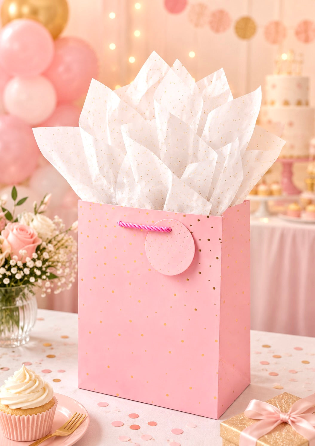 Pink gift bag with white tissue paper on a festive table with balloons and flowers.