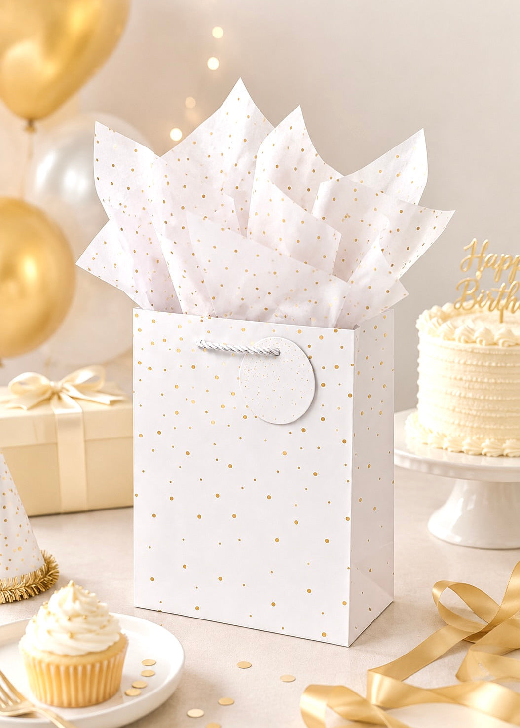 White gift bag with gold polka dots on a table with balloons, cake, and cupcakes.
