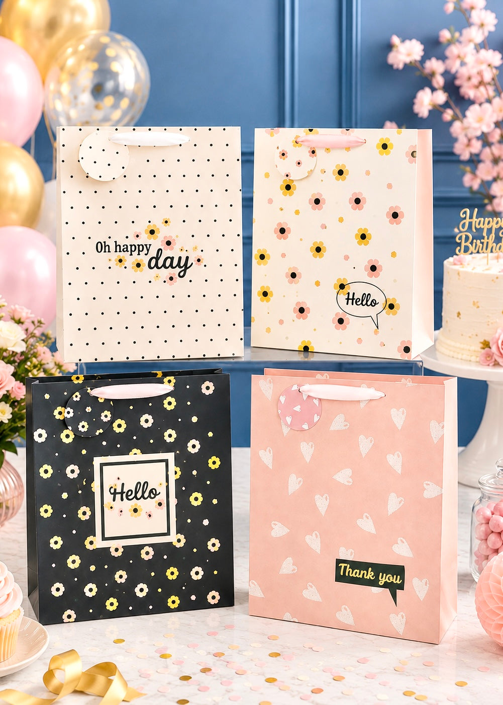Four decorative gift bags with different patterns and text on a celebratory background.
