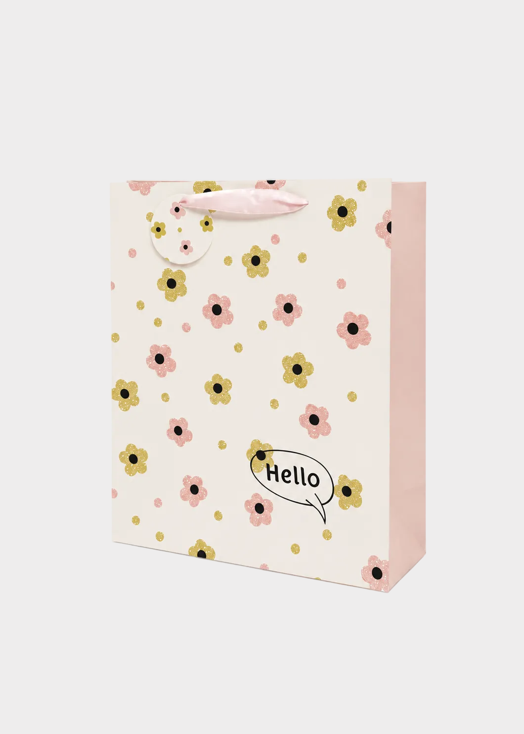 Gift bag with floral pattern and 'Hello' text on a white background