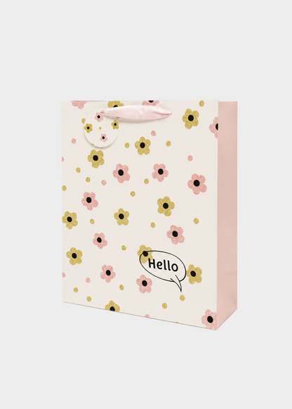 Gift bag with floral pattern and 'Hello' text on a white background