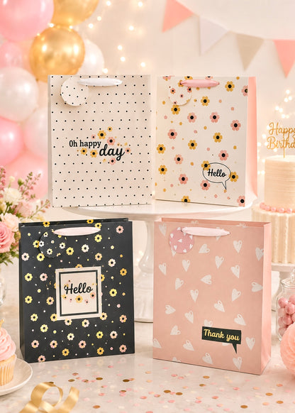 Decorative gift bags with patterns and text on a festive background