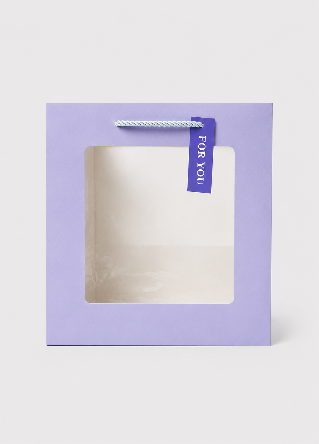 Lavender gift box with a 'For You' tag on a white background